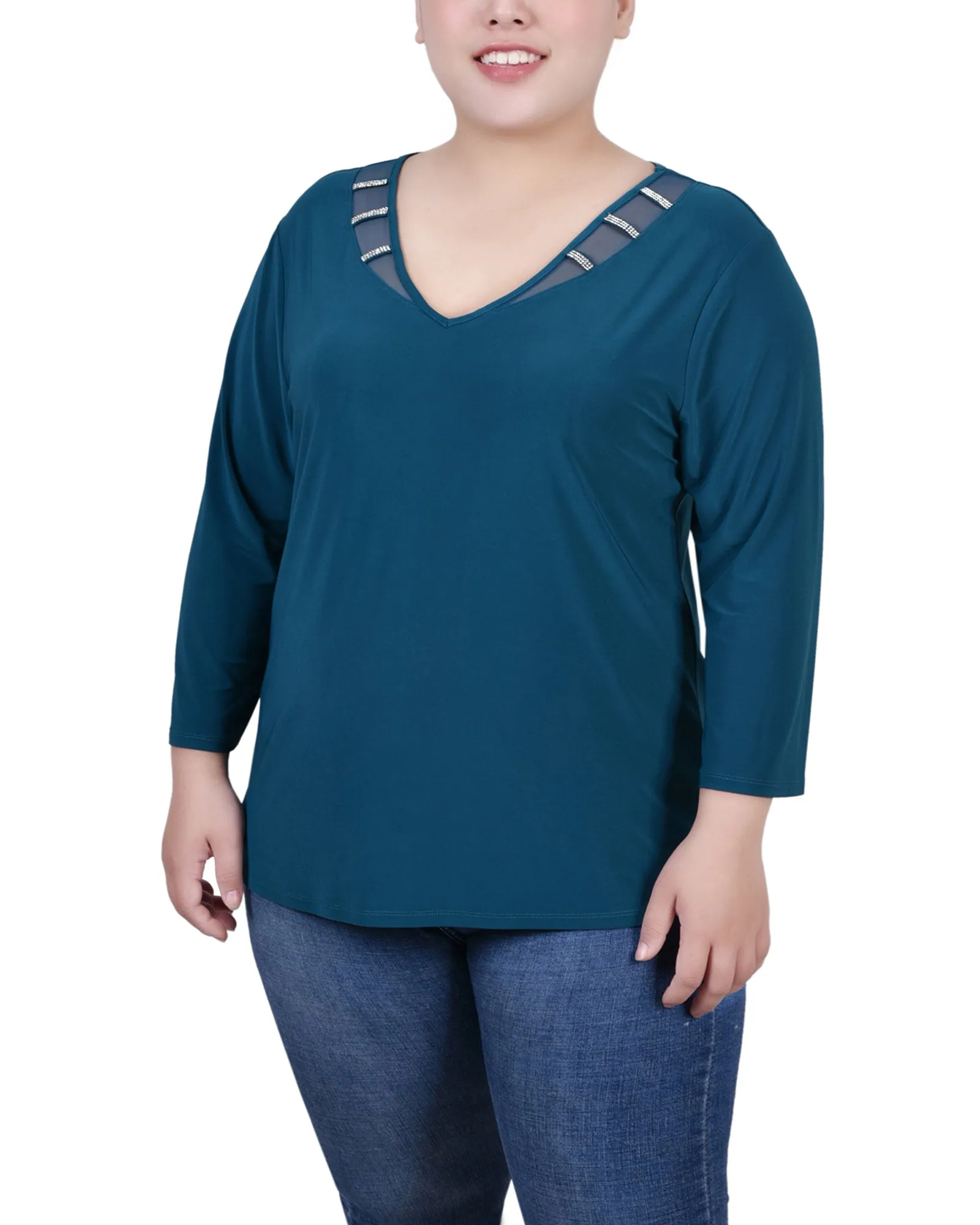 Plus Size 3/4 Sleeve Top With Illusion Neckline and Stones