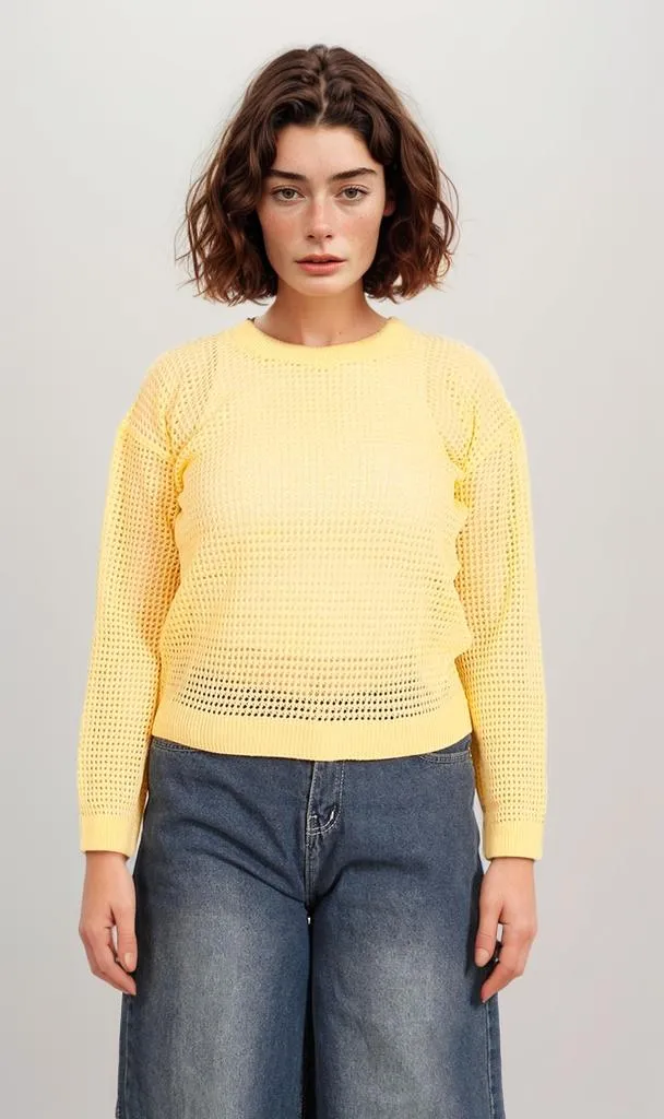 R205969-R205969 - Open Knit Pullover - Yellow