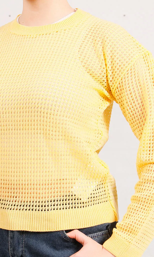R205969-R205969 - Open Knit Pullover - Yellow