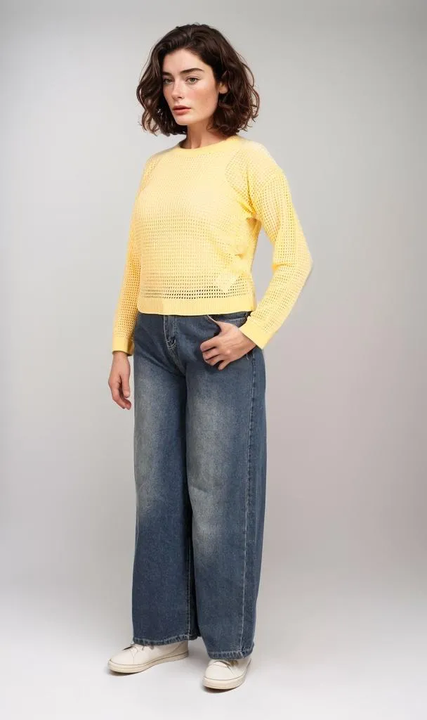 R205969-R205969 - Open Knit Pullover - Yellow