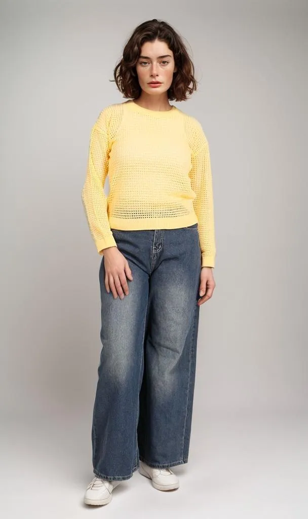 R205969-R205969 - Open Knit Pullover - Yellow