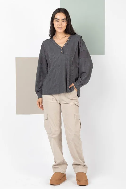 Raw Edge Detail Hooded Knit Henley Top