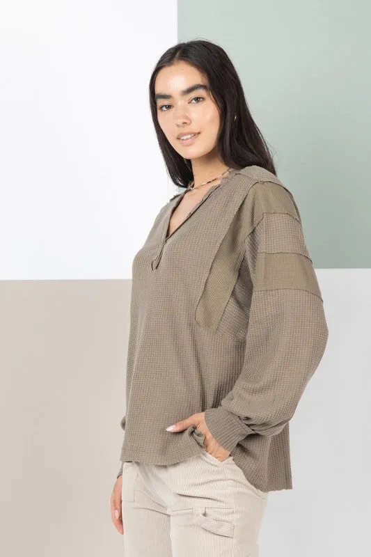 Raw Edge Detail Hooded Knit Henley Top