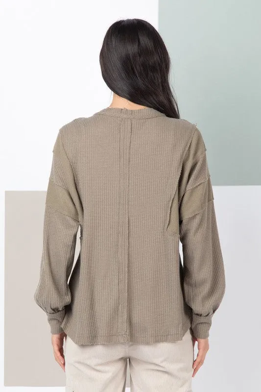 Raw Edge Detail Hooded Knit Henley Top