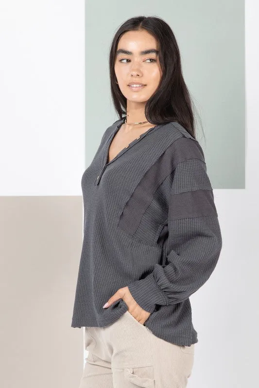 Raw Edge Detail Hooded Knit Henley Top
