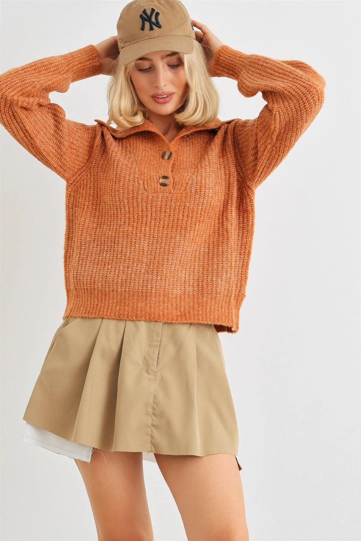 Rust Wool Knit Button-Up Neck Crop Sweater Pullover /1-2-1
