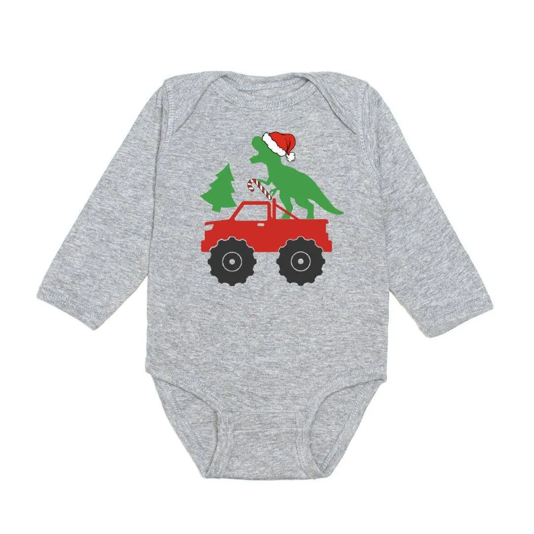 Santa Dino Monster Truck Christmas Long Sleeve Bodysuit