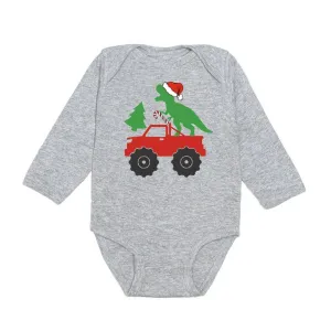 Santa Dino Monster Truck Christmas Long Sleeve Bodysuit