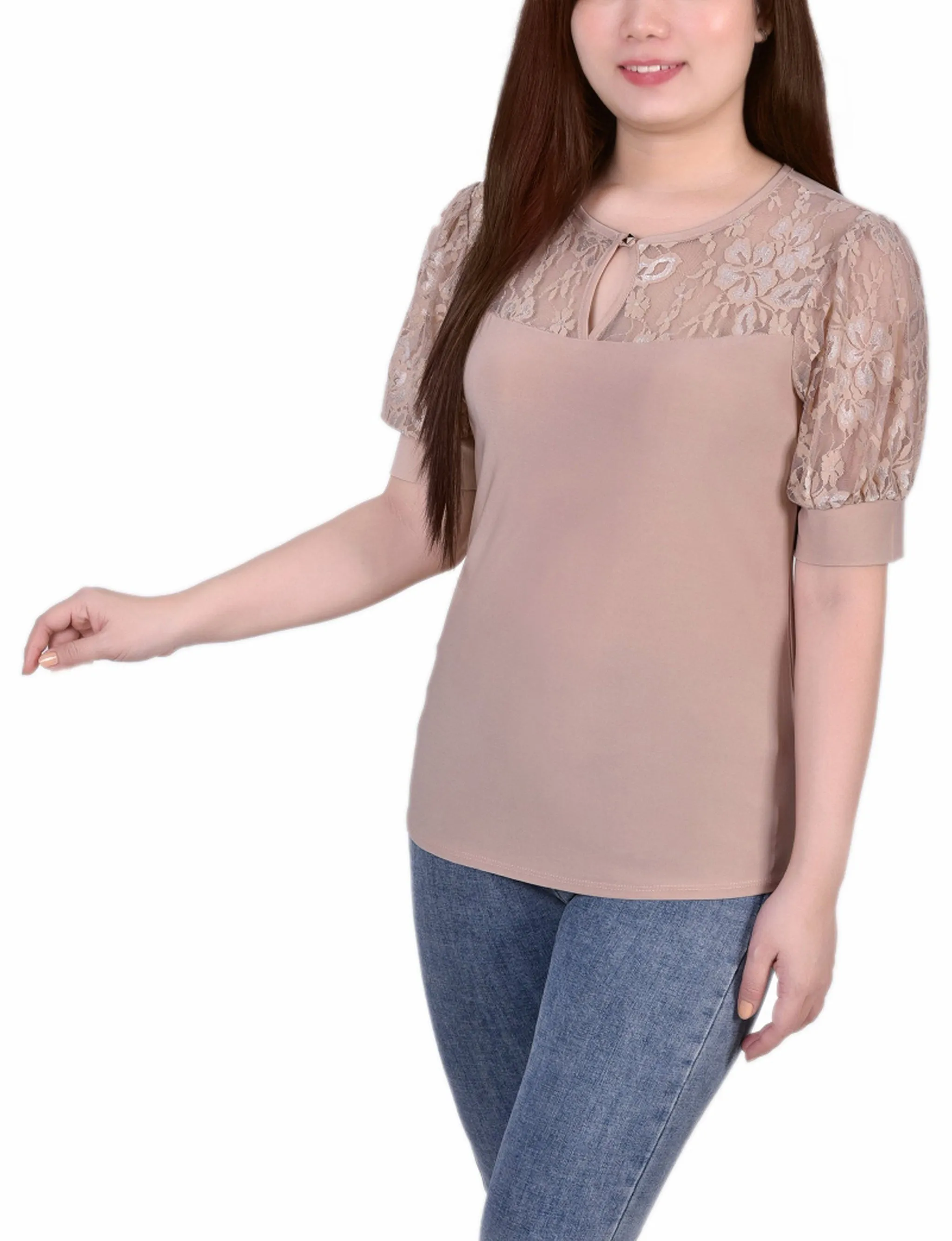 Short Sleeve Lace Yoke and Sleeve Top
