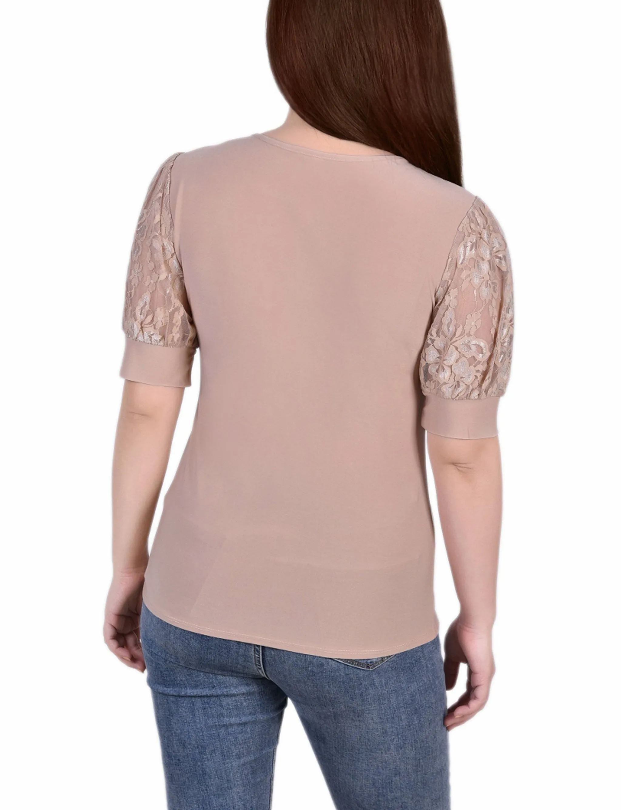 Short Sleeve Lace Yoke and Sleeve Top