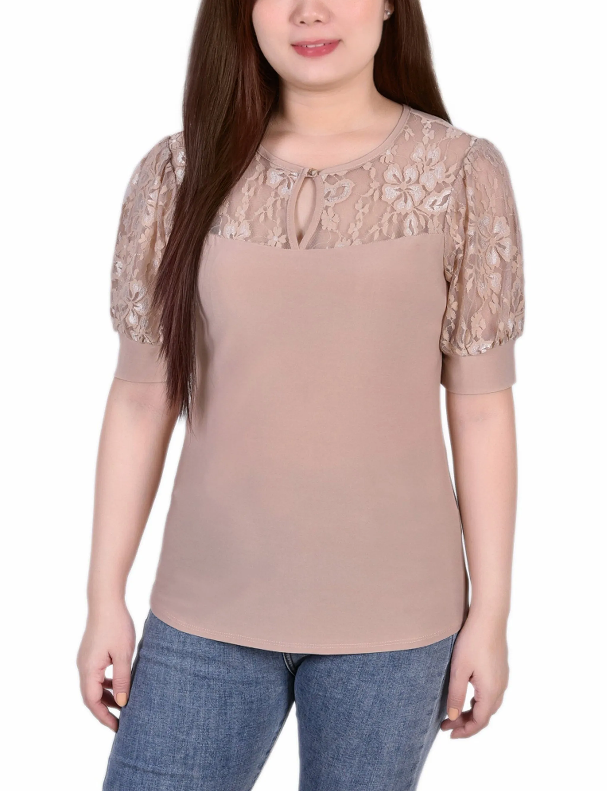 Short Sleeve Lace Yoke and Sleeve Top