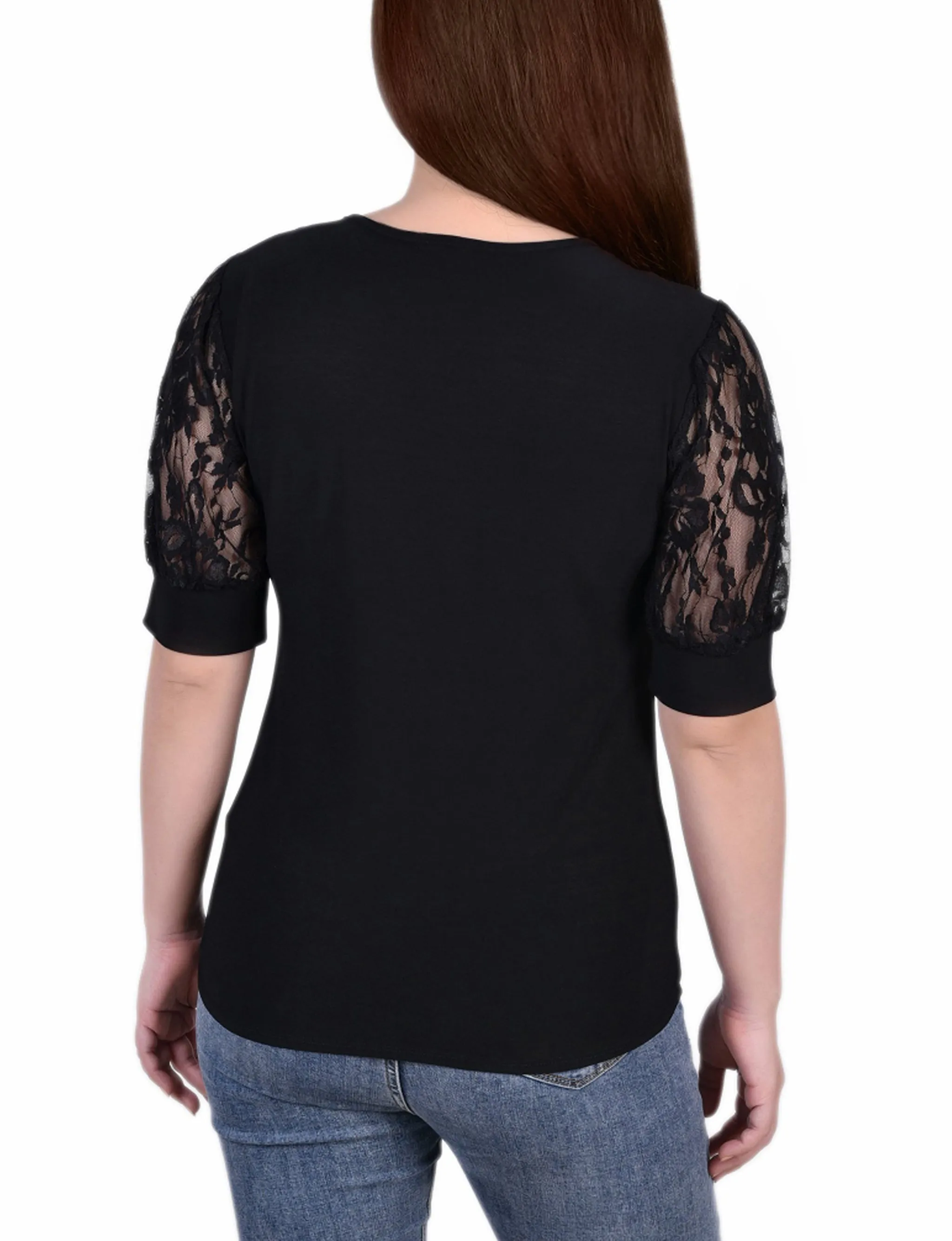 Short Sleeve Lace Yoke and Sleeve Top
