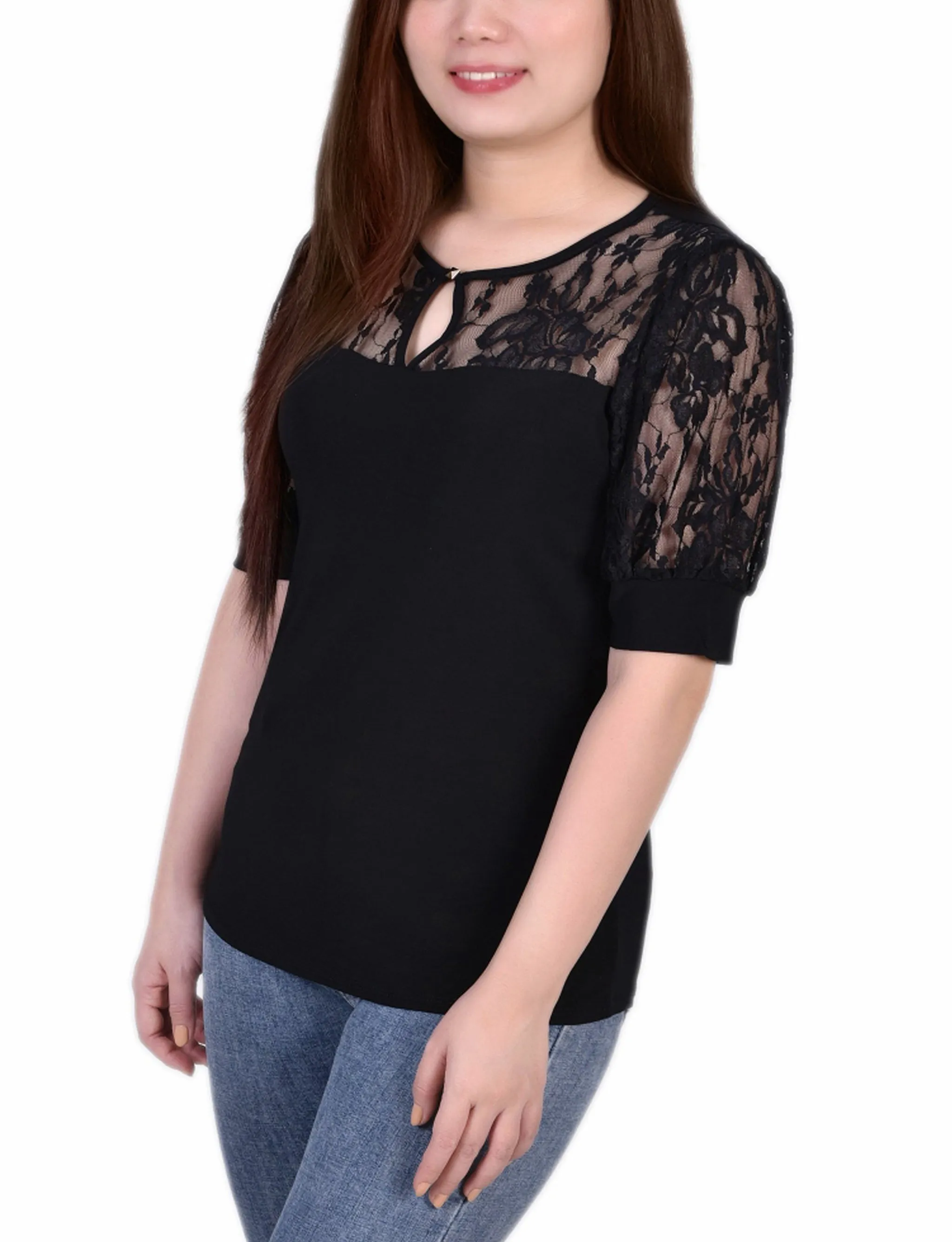 Short Sleeve Lace Yoke and Sleeve Top