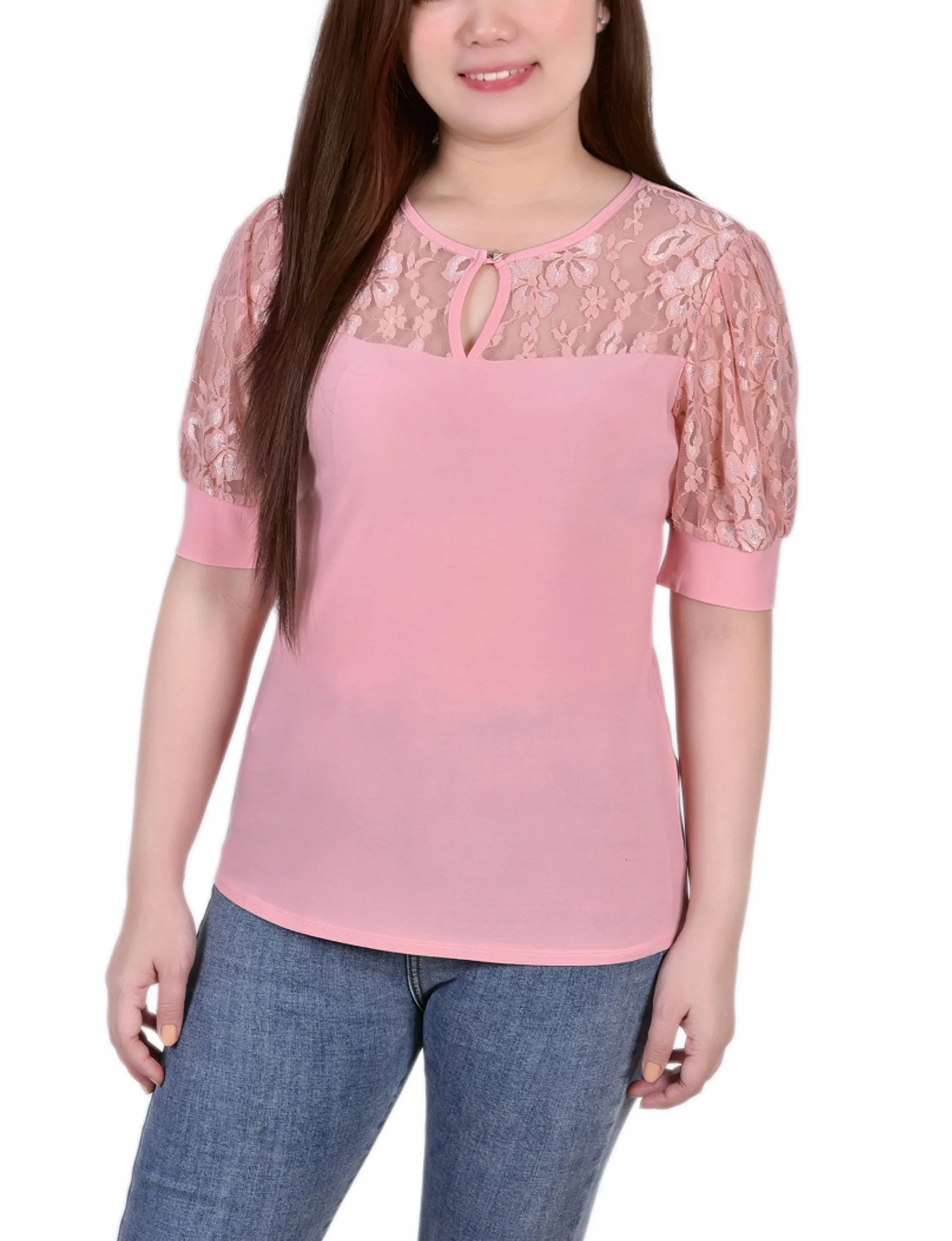 Short Sleeve Lace Yoke and Sleeve Top