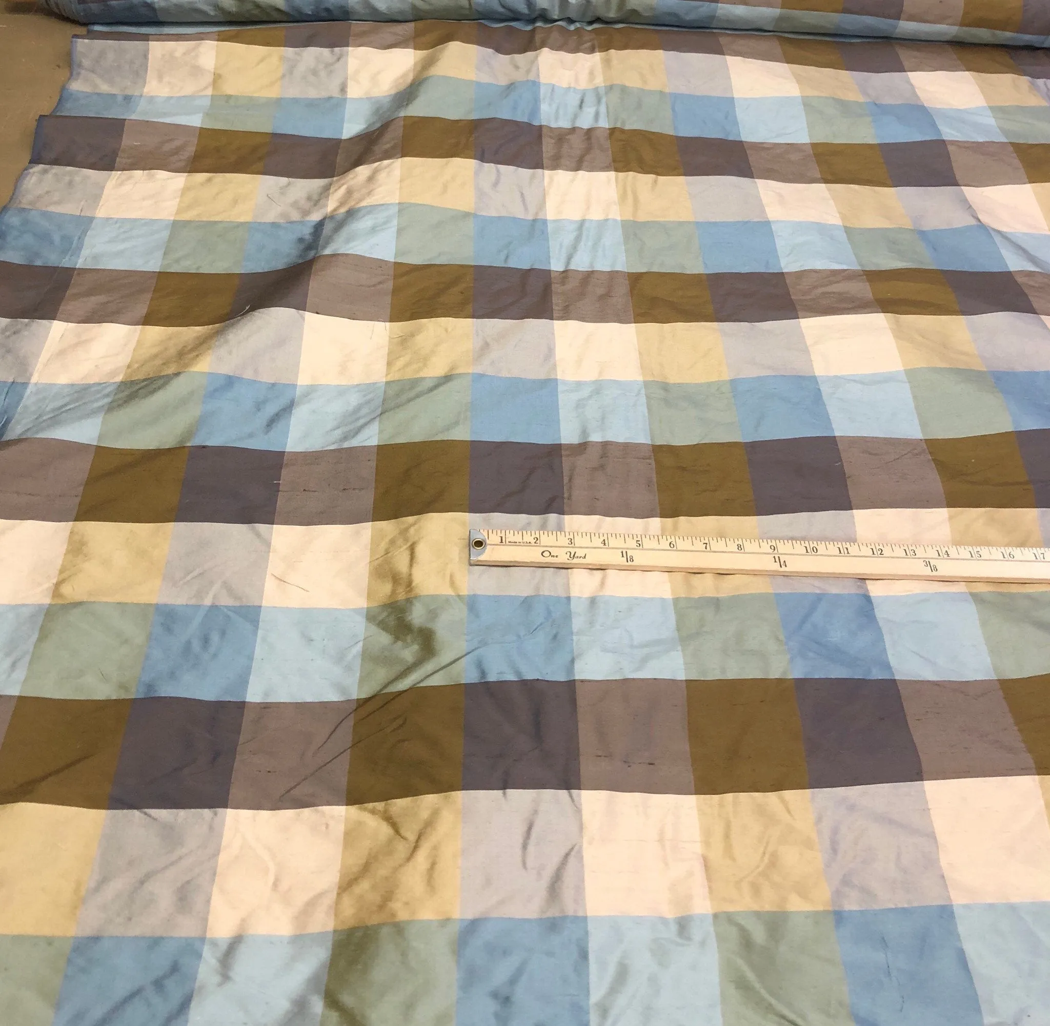Silk dupion plaid 54&quot; wide    Beautiful blue brown gold shades silk dupion plaid fabric sold by the yard