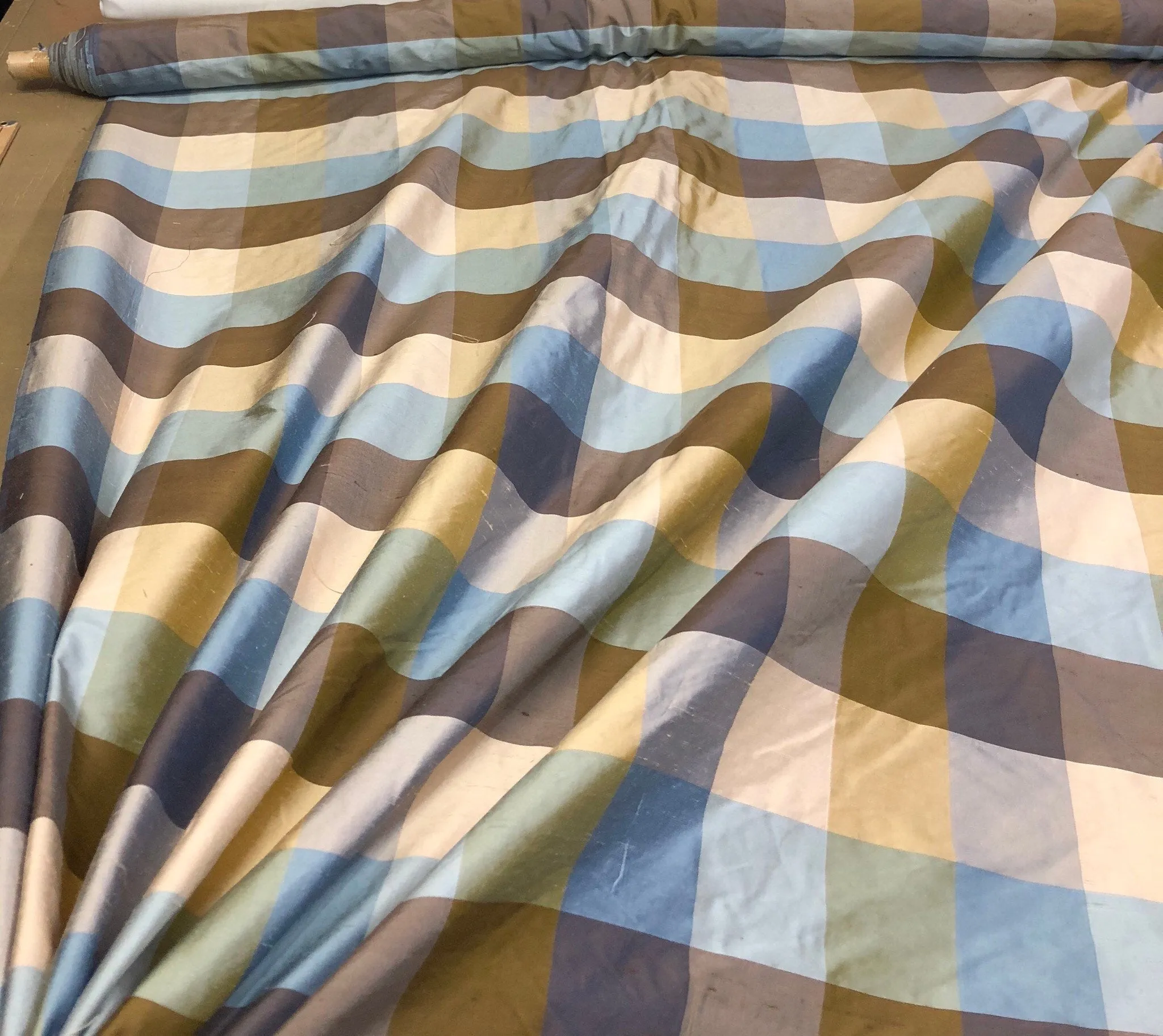 Silk dupion plaid 54&quot; wide    Beautiful blue brown gold shades silk dupion plaid fabric sold by the yard