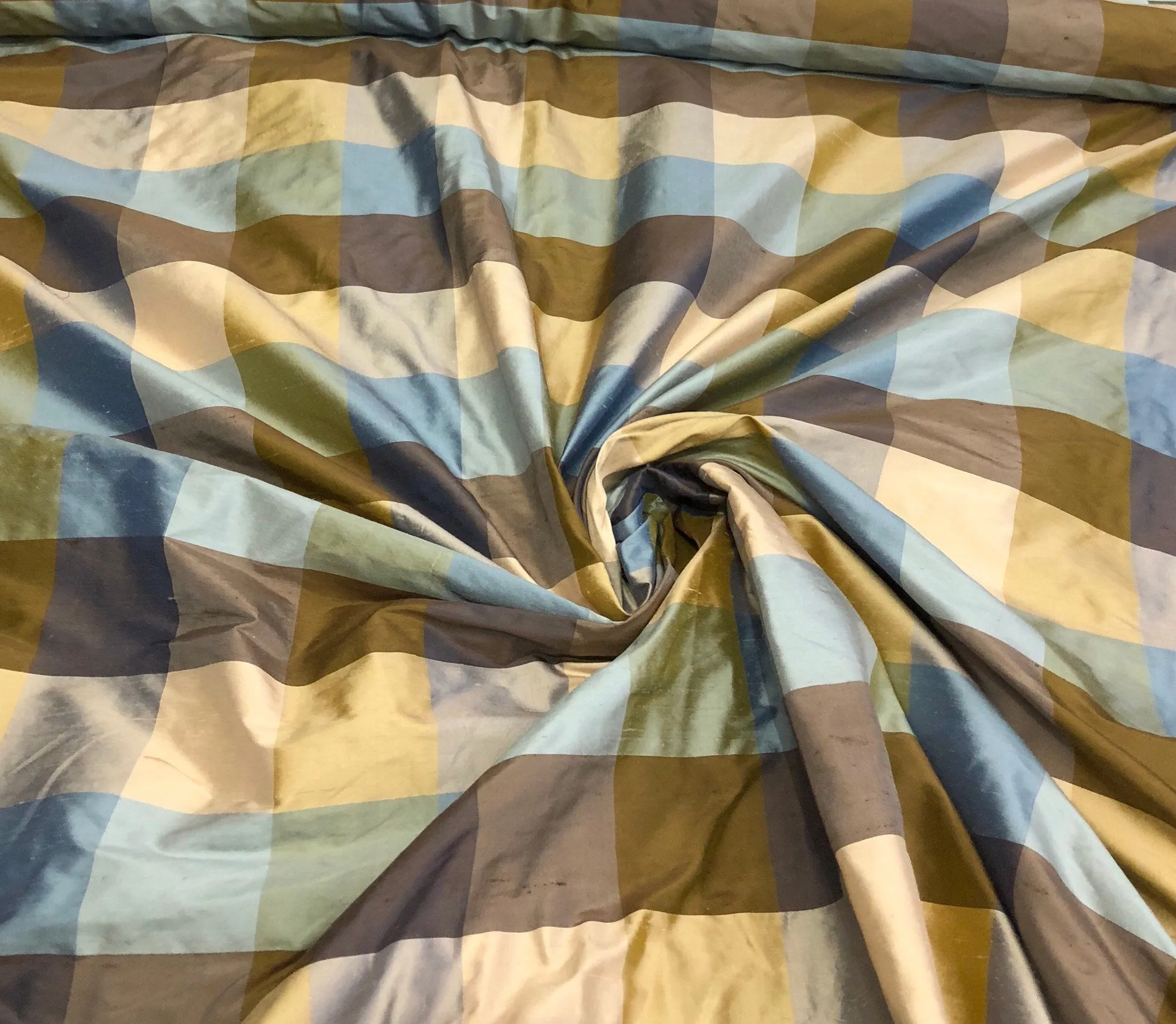 Silk dupion plaid 54&quot; wide    Beautiful blue brown gold shades silk dupion plaid fabric sold by the yard