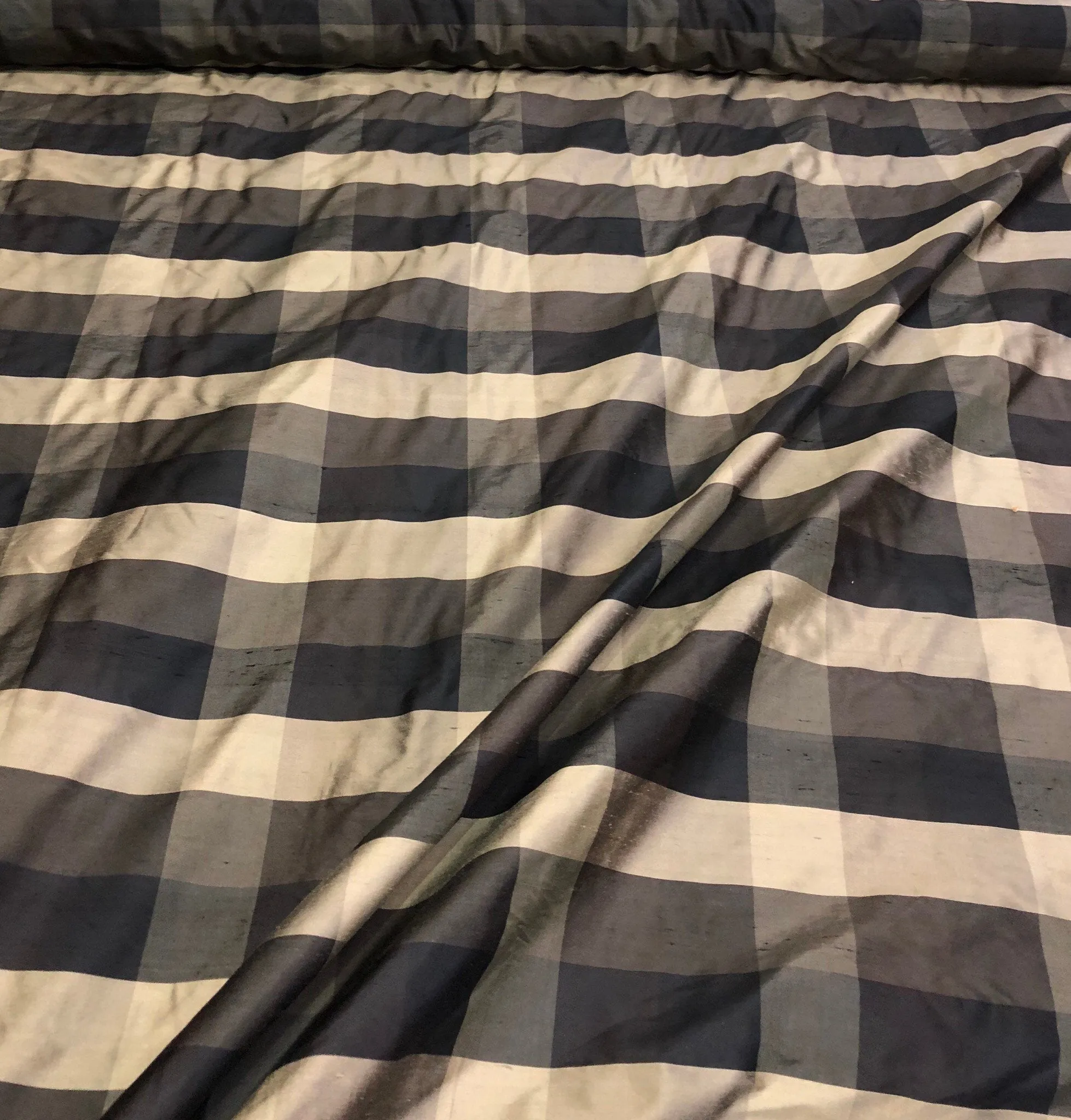 Silk shantung plaid 54&quot; wide    Beautiful black gold tan color silk shantung fabric sold by the yard
