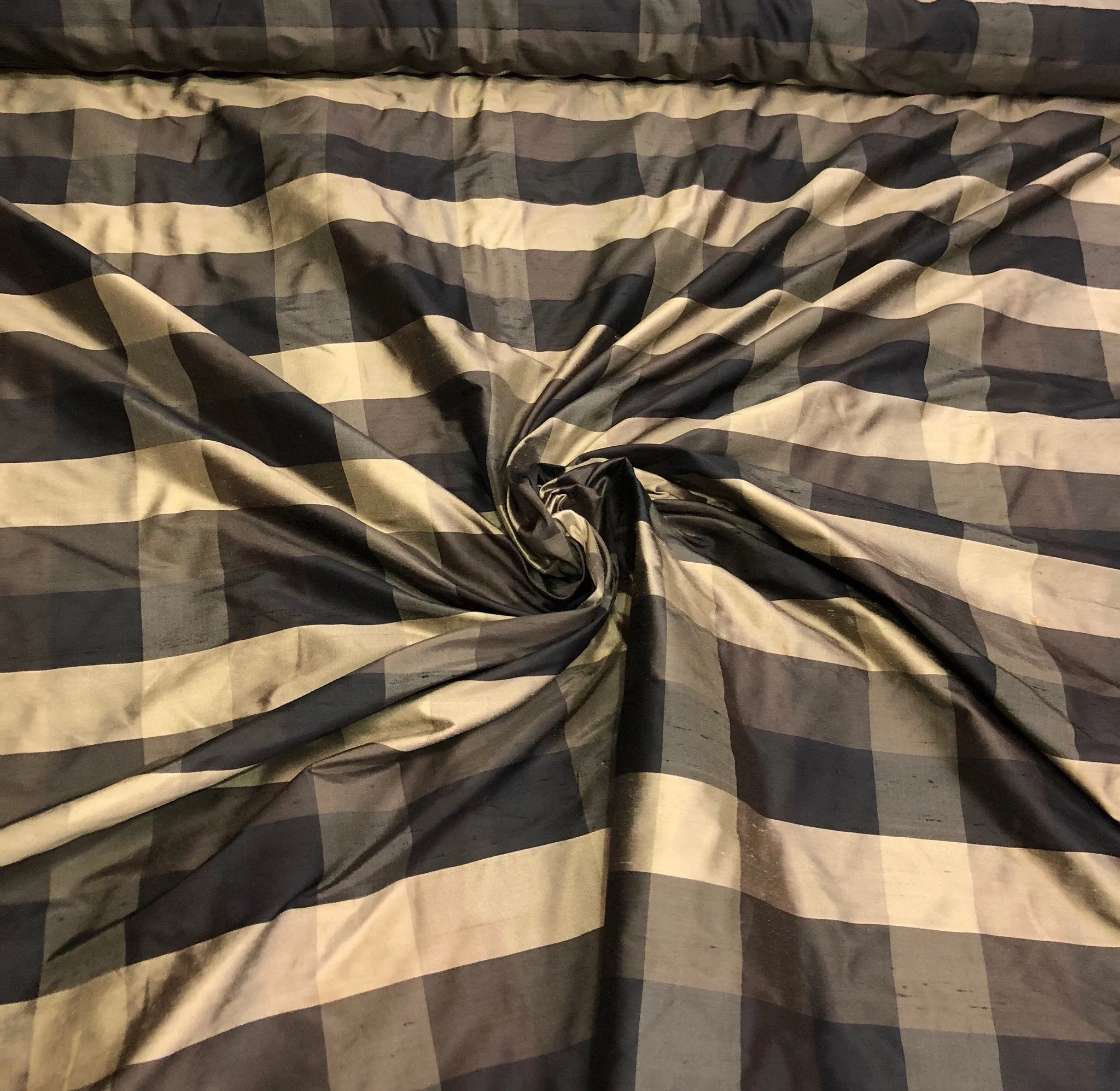 Silk shantung plaid 54&quot; wide    Beautiful black gold tan color silk shantung fabric sold by the yard