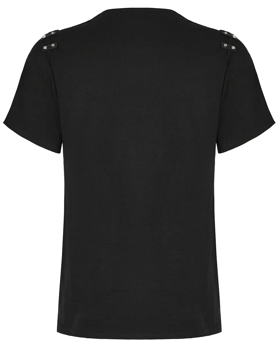 T792-BKM Mens Avant Garde Gothic Studded Drop Collar T Shirt Top