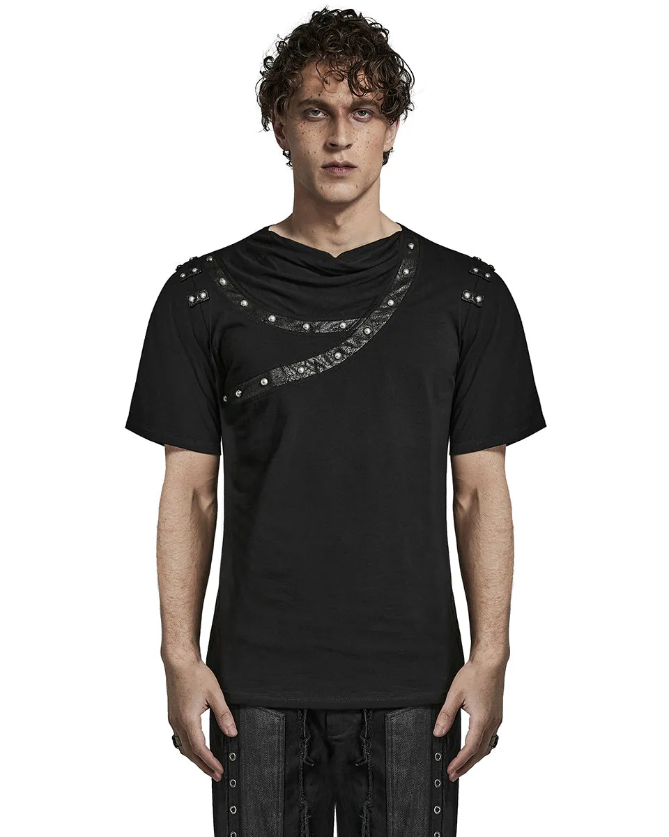 T792-BKM Mens Avant Garde Gothic Studded Drop Collar T Shirt Top