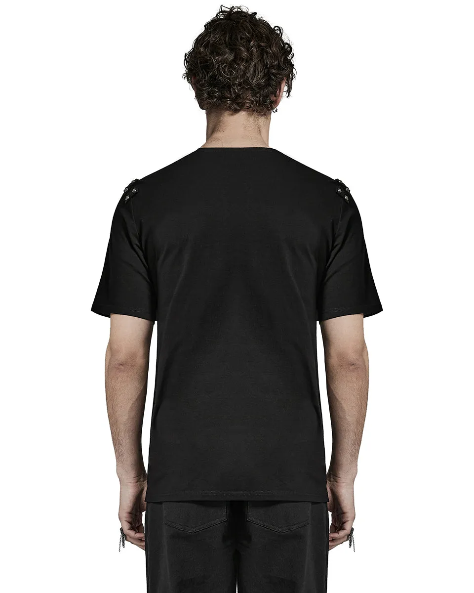 T792-BKM Mens Avant Garde Gothic Studded Drop Collar T Shirt Top