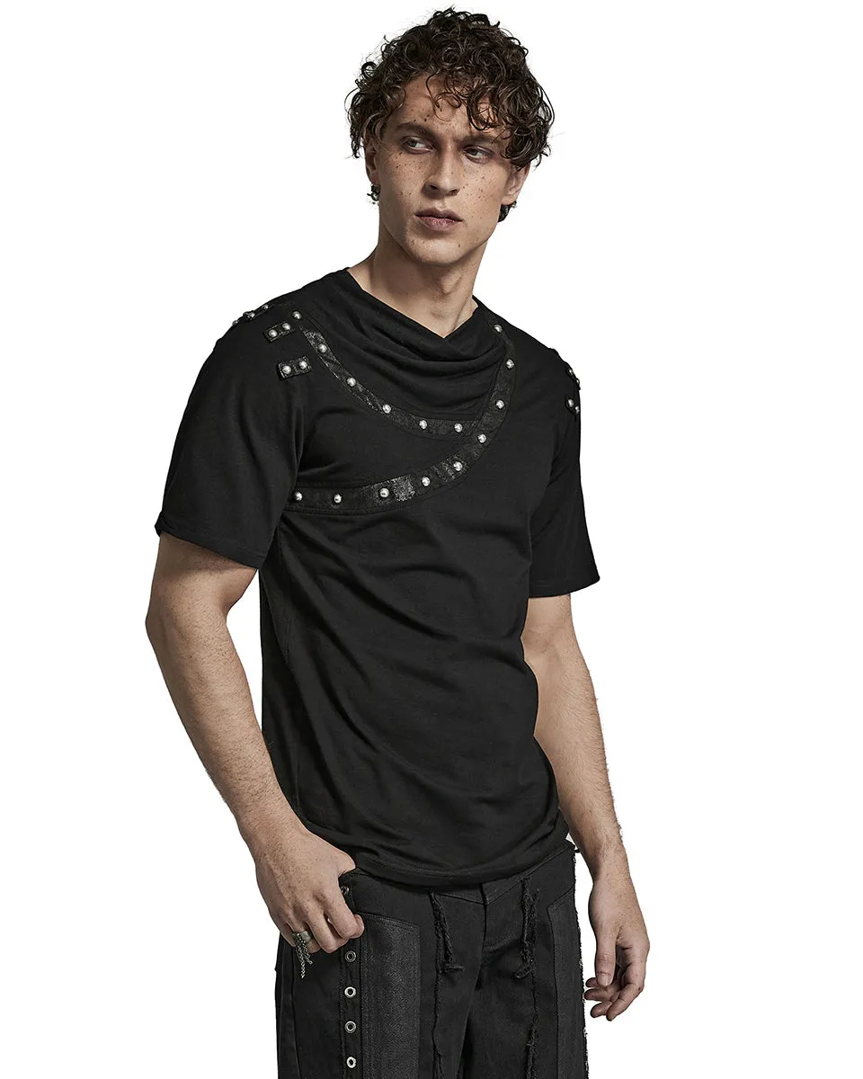 T792-BKM Mens Avant Garde Gothic Studded Drop Collar T Shirt Top