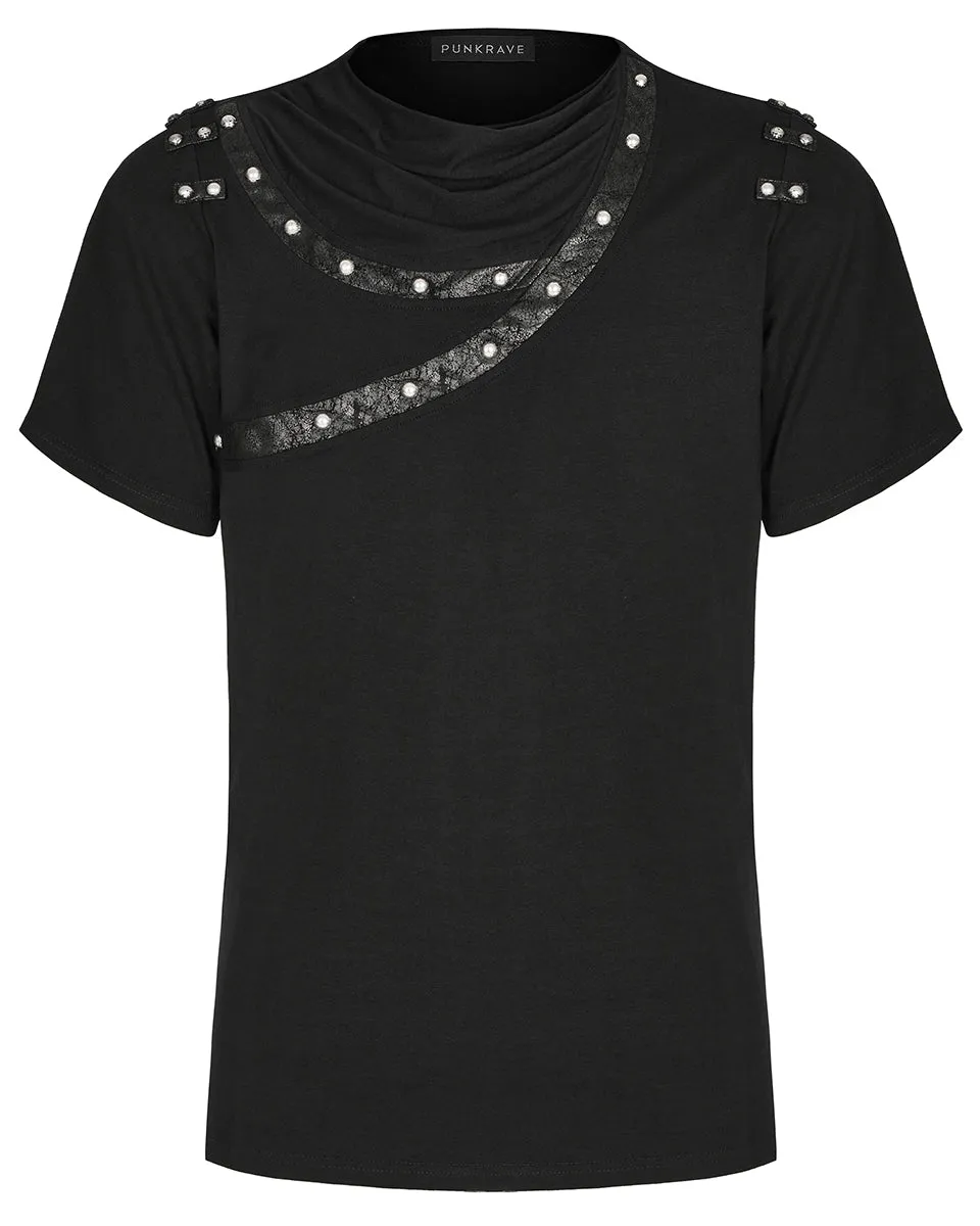 T792-BKM Mens Avant Garde Gothic Studded Drop Collar T Shirt Top