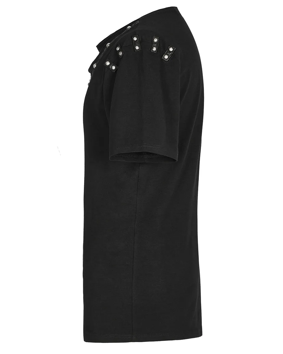 T792-BKM Mens Avant Garde Gothic Studded Drop Collar T Shirt Top