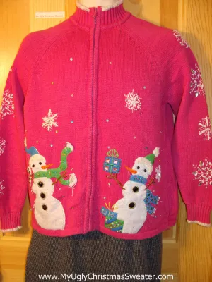 Tacky Pink Cheap Ugly Christmas Sweater with Two Huge Carrot Nosed Snowmen (f610)