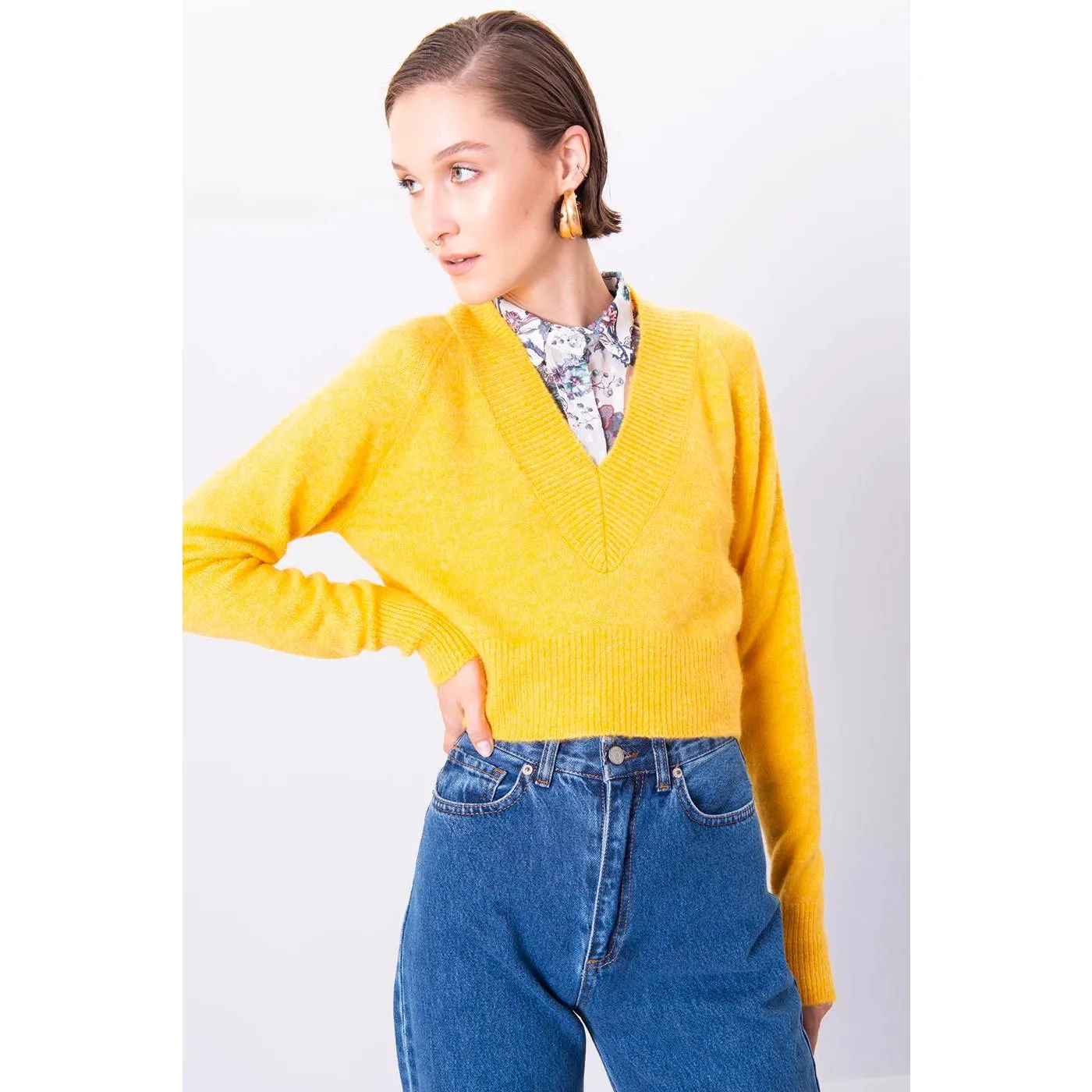 Yellow V-Neck Crop Sweater